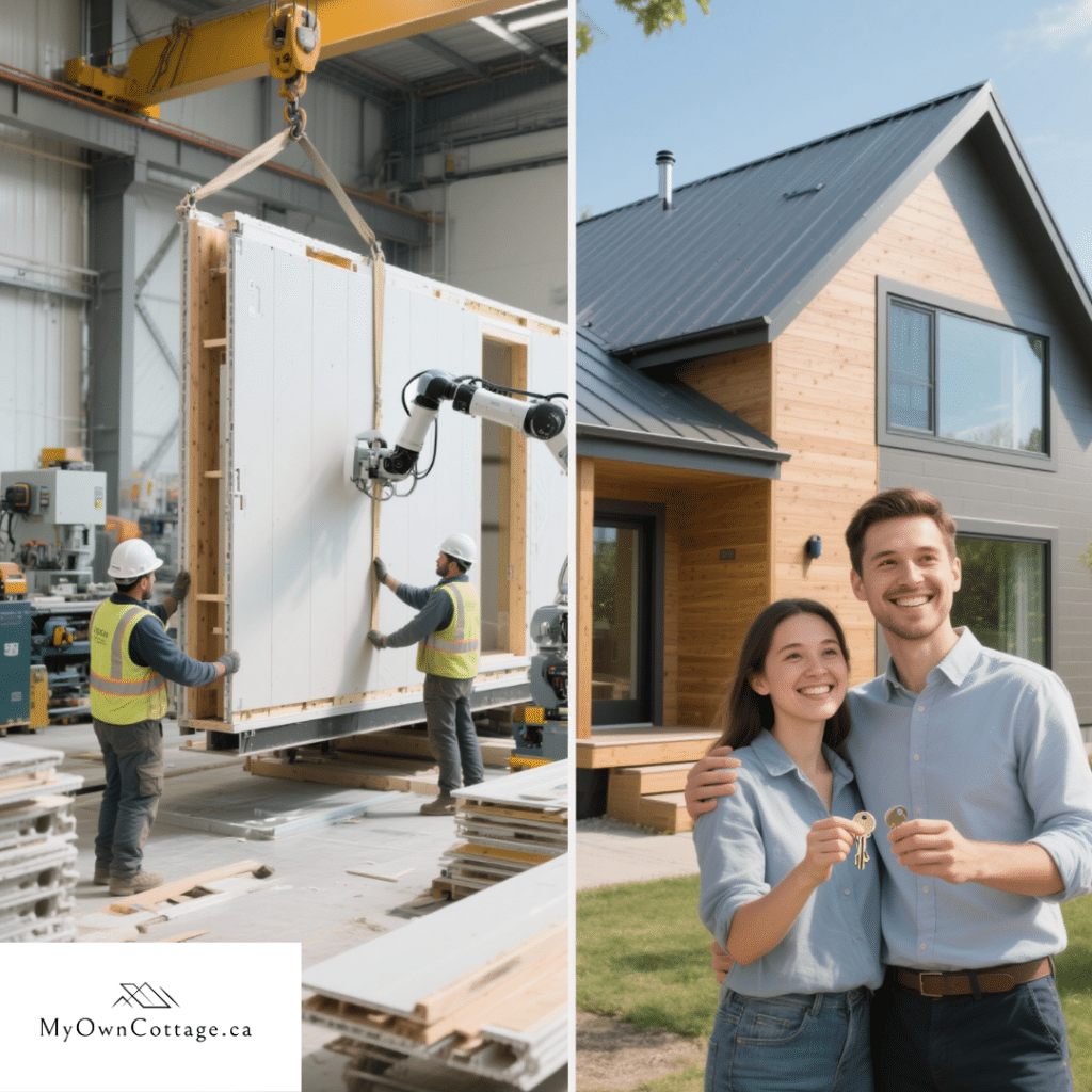 Split-screen image showing prefab home assembly in an Ontario factory on the left, and a smiling couple standing in front of their finished modern prefab home on the right.