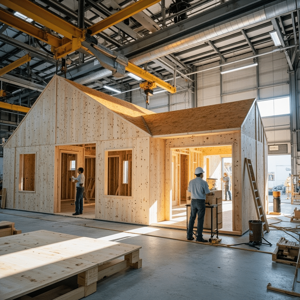 Kingston modular prefab home being assembled in a climate-controlled Ontario factory with overhead crane and construction team.