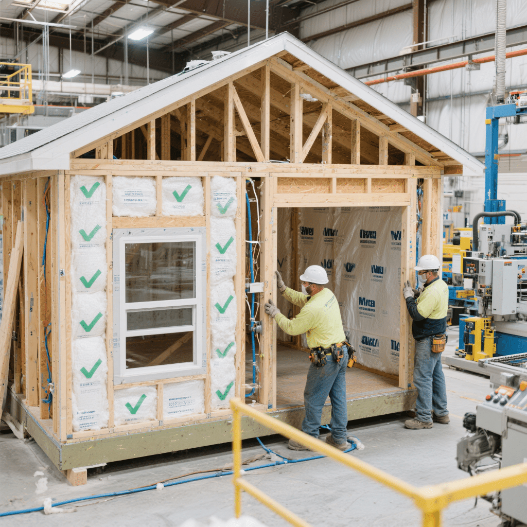 CSA-A277 certified prefab home sections under construction in a climate-controlled Ontario factory setting