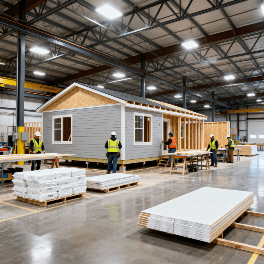 Prefab home factory interior in Ontario showing a partially assembled modular home by My Own Cottage, with builders working around clean, well-lit workstations—illustrating the efficiency of prefab construction in Caledon.