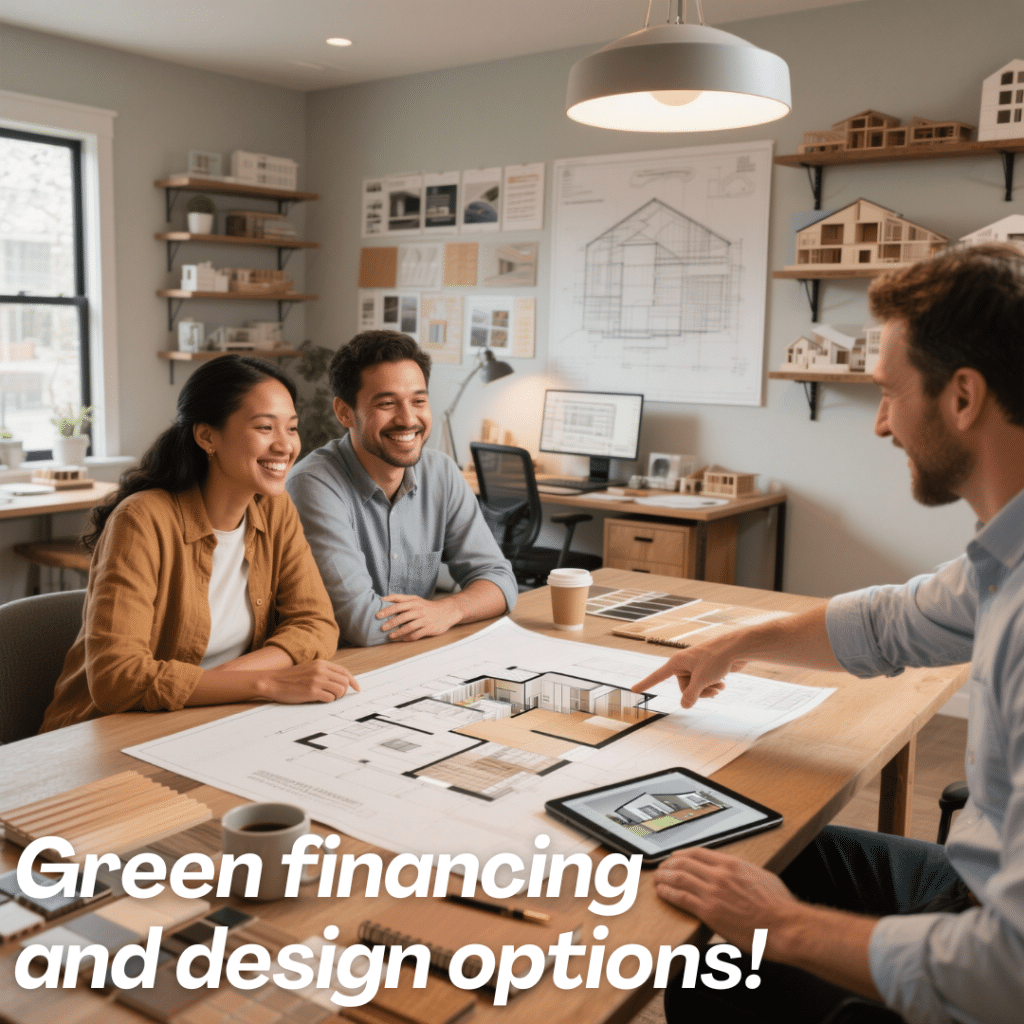 Homeowner couple meeting with a prefab home designer in a modern Ontario studio, reviewing floor plans, materials, and eco-friendly customization options.