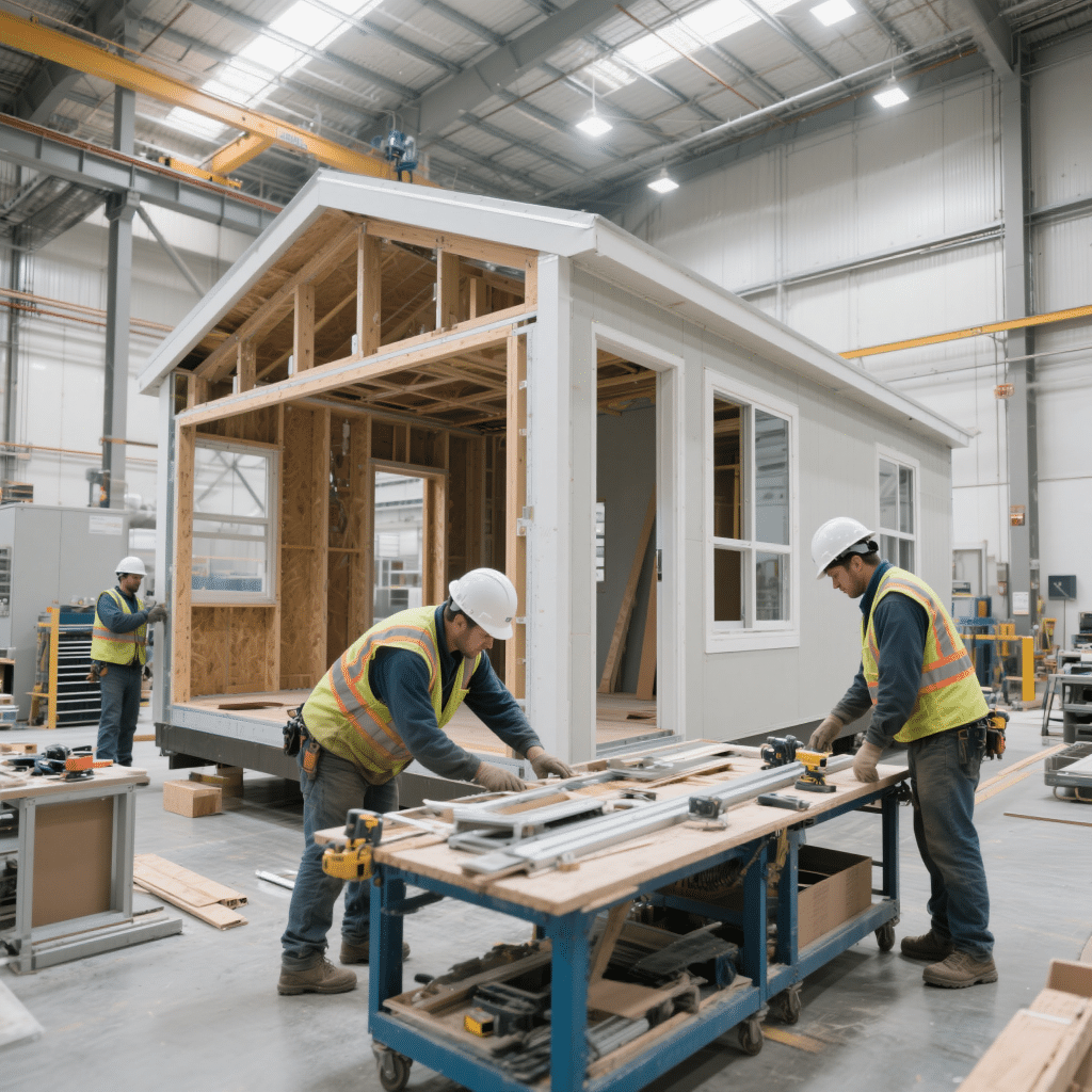 Interior of a Canadian CSA-certified prefab home manufacturing facility showing workers in safety gear assembling a modular unit in a clean, well-lit environment.