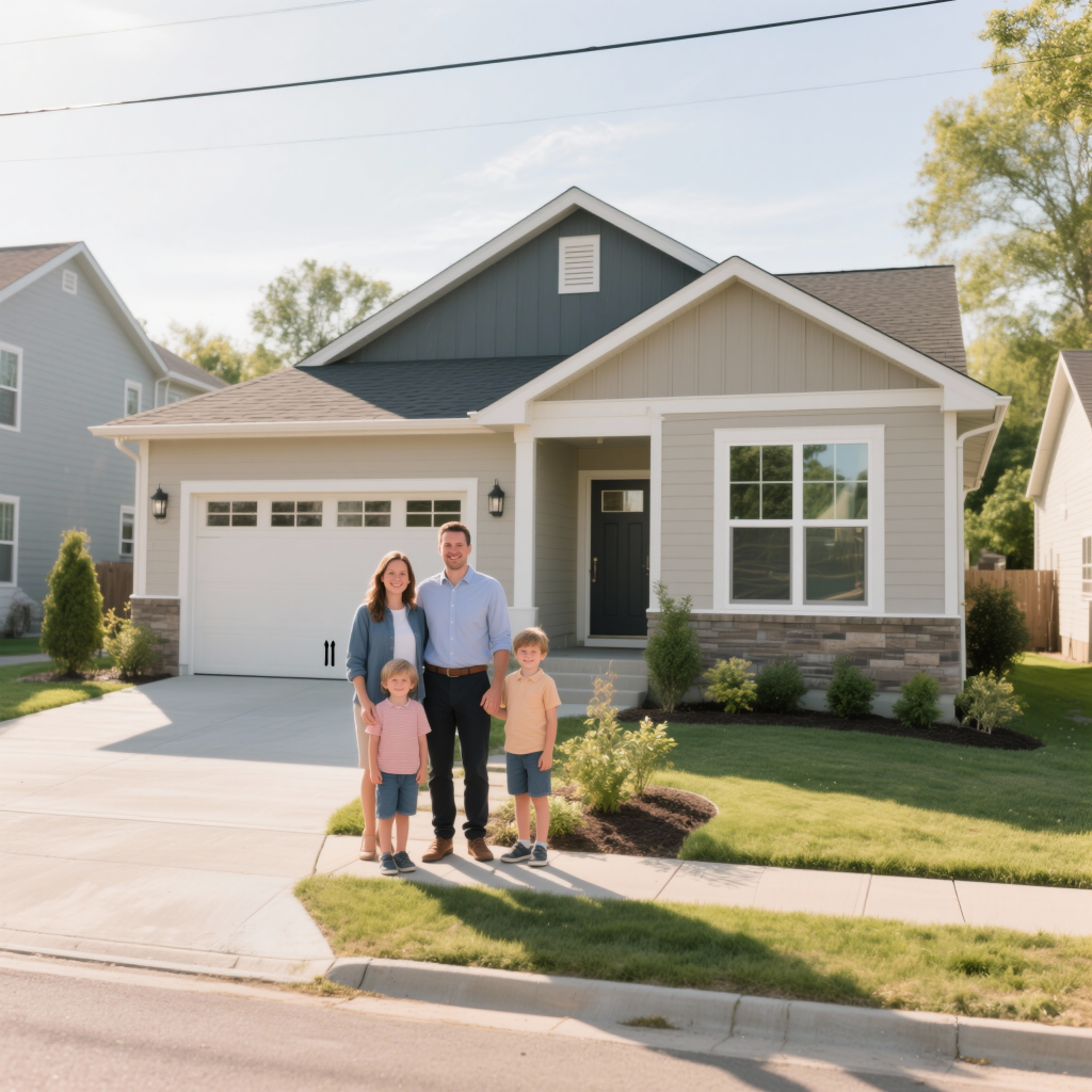 Young family in front of their new prefab modular bungalow in Shelburne, Ontario with energy-efficient design and landscaped yard