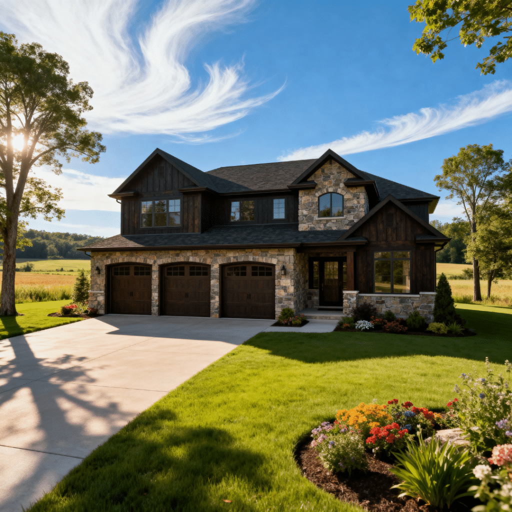 Modern prefab home with garage for sale in Halton Hills Ontario by My Own Cottage, summer countryside under blue skies.
