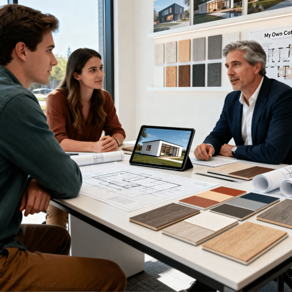 My Own Cottage design consultant meeting Halton Hills couple in Ontario studio, reviewing prefab home blueprints, permits, and design plans.
