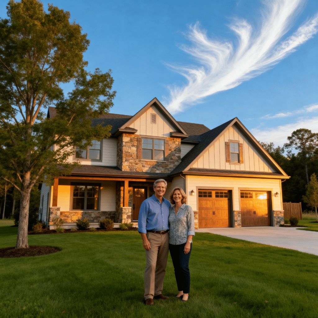 Happy retiree homeowners in front of prefab home by My Own Cottage in Halton Hills Ontario, sharing 5-star testimonial about smooth building journey.