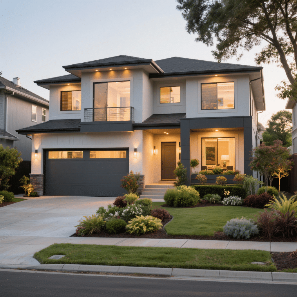 Luxury prefab home for sale in Vaughan with sleek modern exterior, attached garage, and landscaped garden under warm evening light