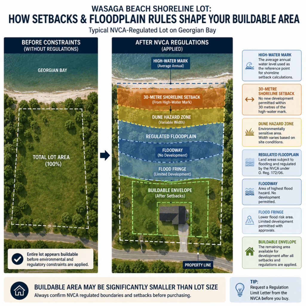 Prefab Homes Wasaga Beach diagram showing NVCA shoreline setback, dune hazard zone, regulated floodplain, floodway, flood fringe, and remaining buildable area on a Georgian Bay shoreline lot