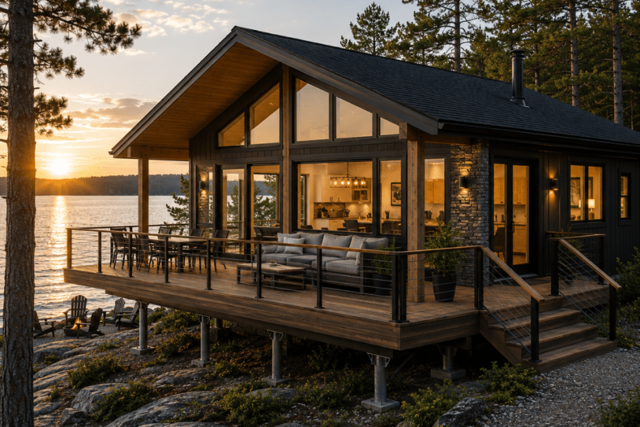 Prefab Homes Wasaga Beach — completed modern prefab home on a Georgian Bay shoreline lot with engineered helical pier foundation, covered outdoor living space, and CSA A277-certified construction
