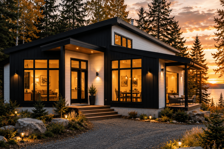 Prefab house kits Canada prices — completed modern prefab home with wood cladding, permanent foundation, and rural Canadian forest setting
