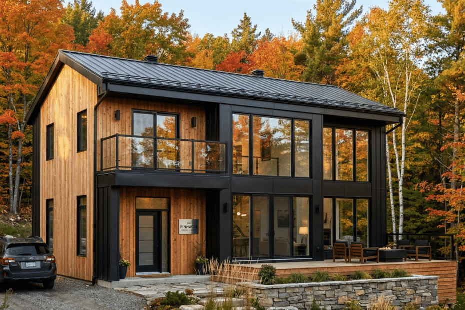 Prefab house kit Ontario showing modern finished exterior with wood and stone accents, large windows, and natural Ontario landscape setting representing quality kit construction