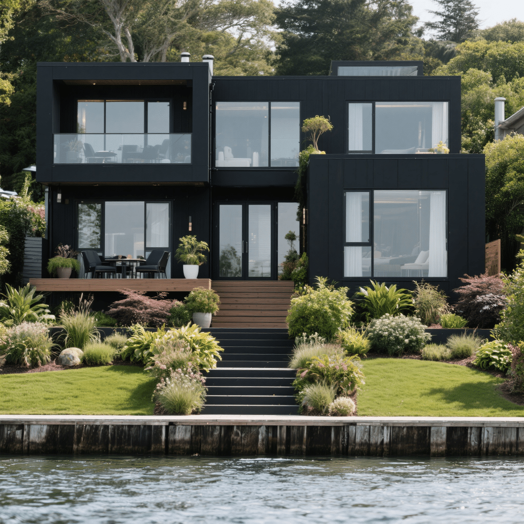 Two-story black luxury modular cottage in Prince Edward County with vertical cedar accents, large windows, and a standing seam metal roof, built to Ontario Building Code and CSA-A277 standards.