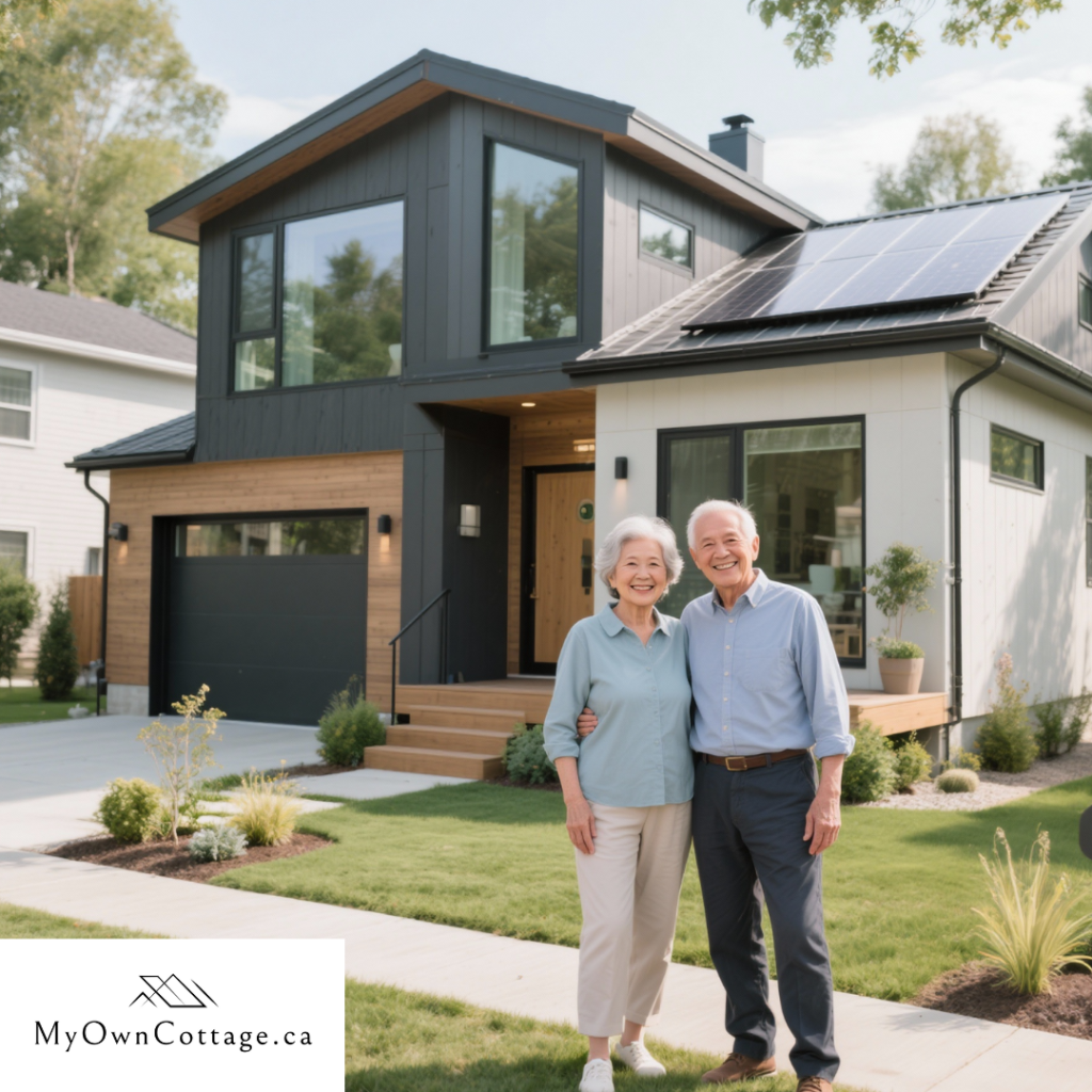 Retired couple standing in front of an 800 sq ft modern prefab home in Ontario with energy-efficient windows and solar-ready roofing, symbolizing successful downsizing.