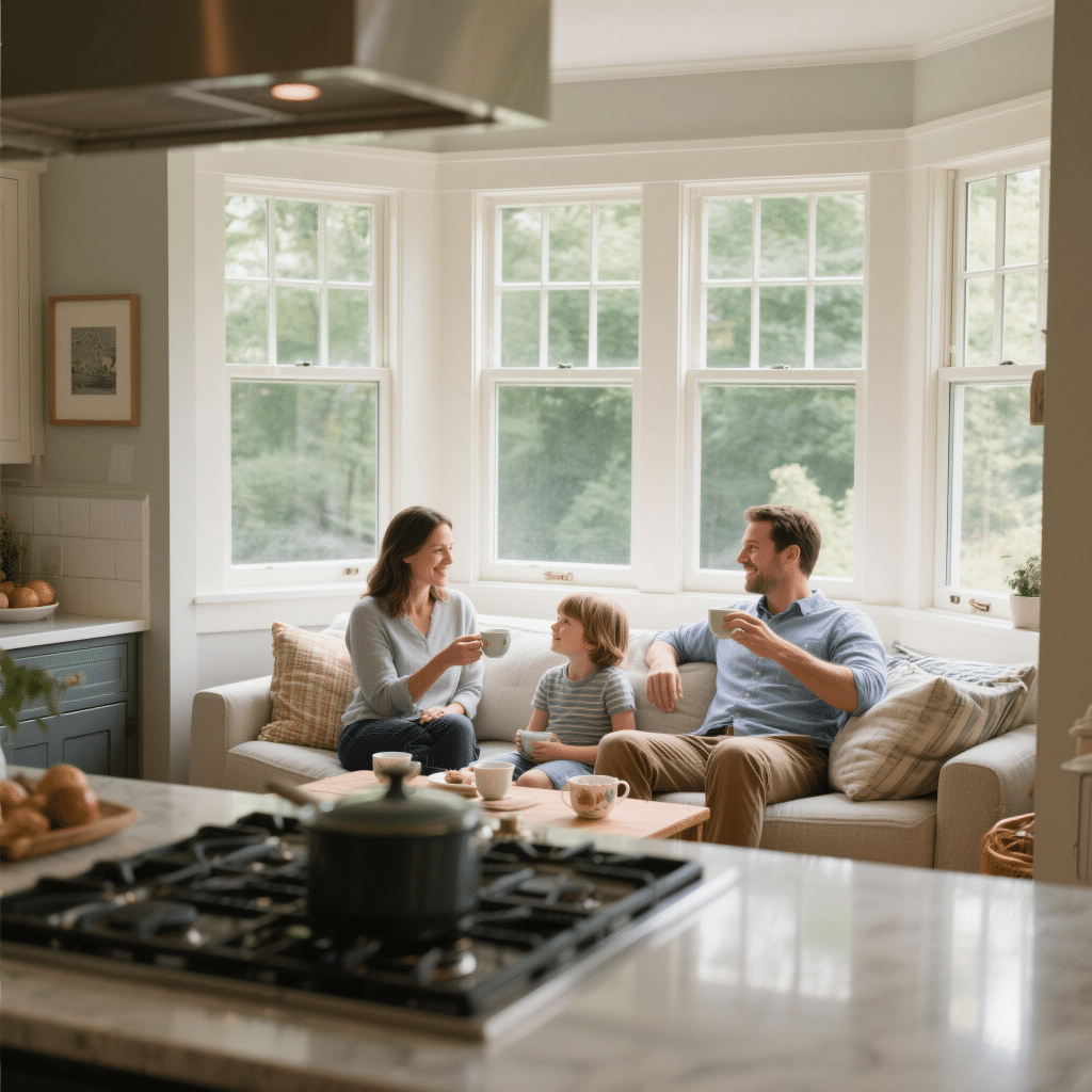The Reynolds family relaxing with tea inside their energy-efficient prefab home, featuring triple-pane windows and natural light.