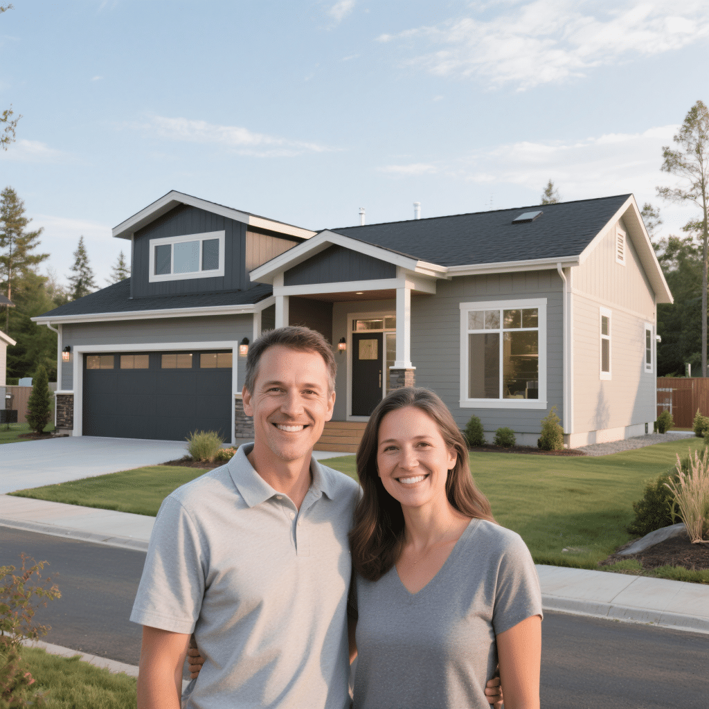 The Richards family outside their 2,300 sq ft prefab home in West Brant, featuring a separate ADU entrance and solar-ready HVAC system, smiling with their builder after completion