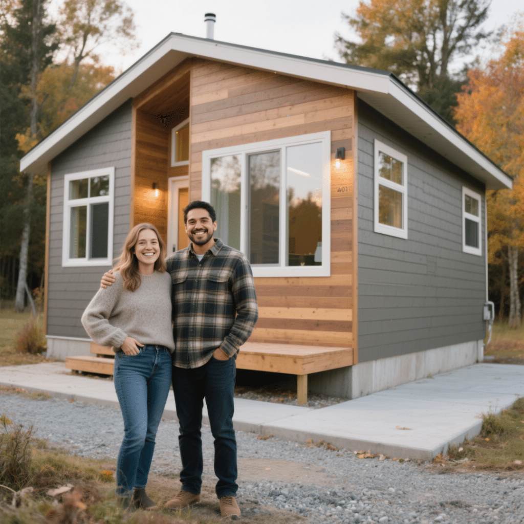 Sarah and Miguel, a young couple in Ontario, smiling in front of their 640 sq. ft. modern prefab home with a concrete slab foundation and autumn trees in the background.