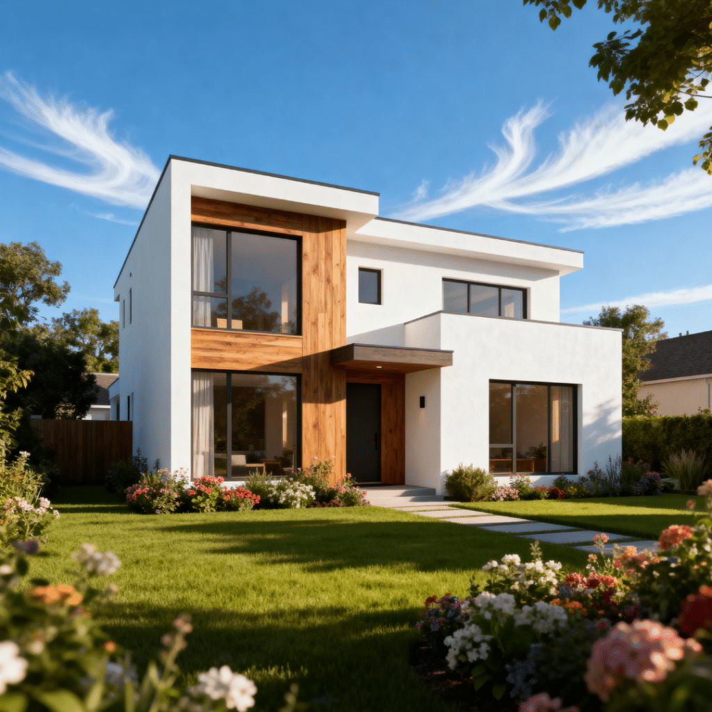 Small modern prefab home in Caledon, Ontario built by My Own Cottage, shown in a peaceful suburban spring setting with clear blue skies—illustrating the flexibility and efficiency of small prefab homes Caledon.
