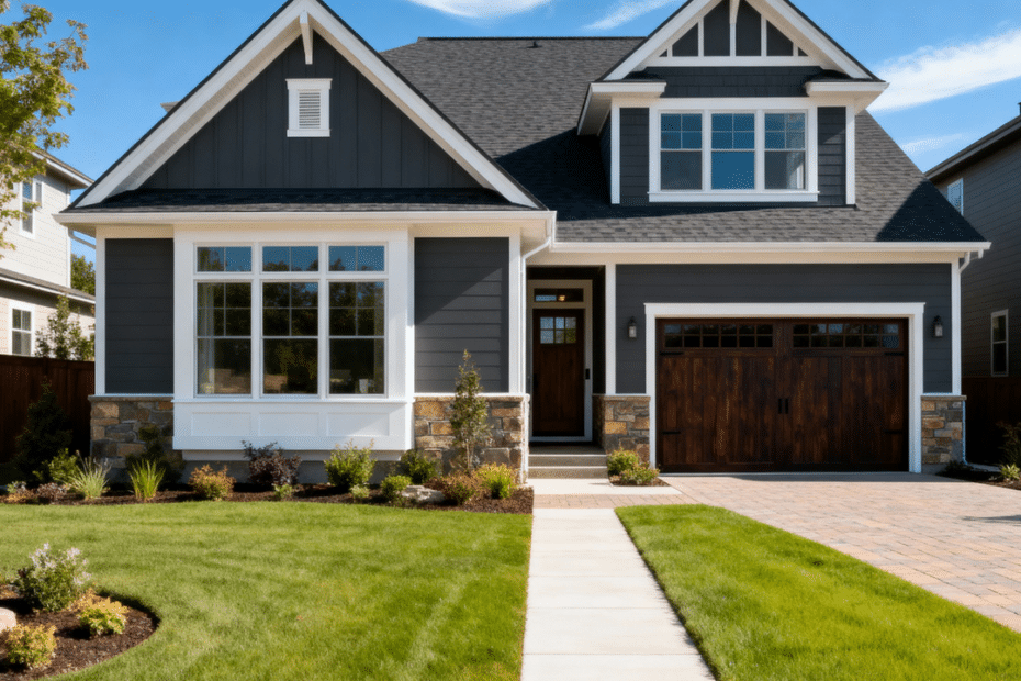 Beautiful small prefab home in Barrie Ontario with modern suburban design and garage, built by My Own Cottage under clear blue skies.