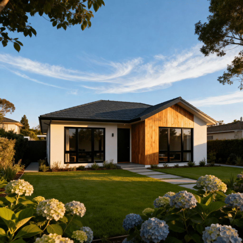 Small modern prefab bungalow by My Own Cottage in suburban Halton Hills Ontario, springtime scene under blue skies and white clouds.