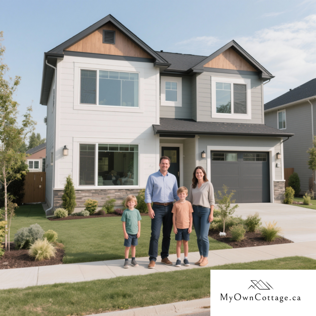 Family of four standing in front of their new small prefab home in Barrie, Ontario — energy-efficient three-bedroom house with modern design and large windows.