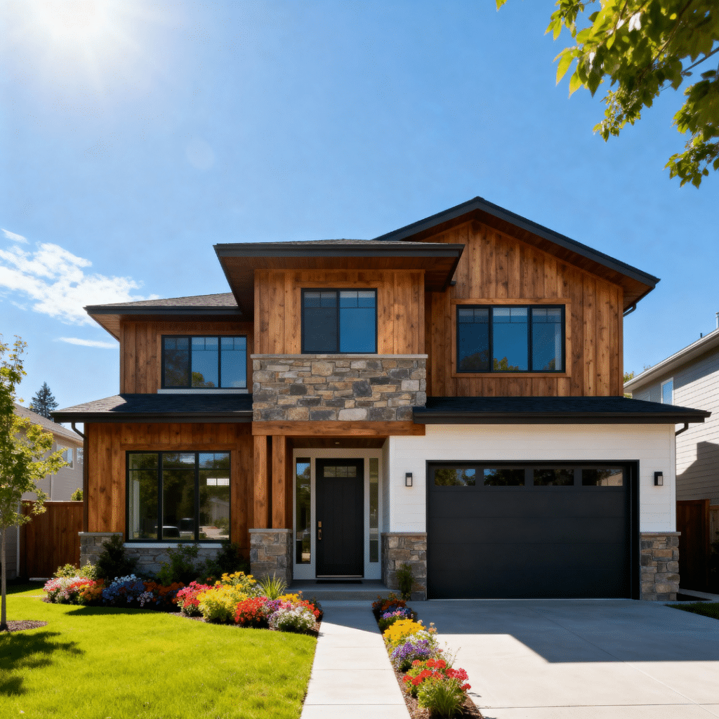 Stylish small prefab home with garage in suburban Barrie Ontario built by My Own Cottage, representing small prefab homes for sale in the region.