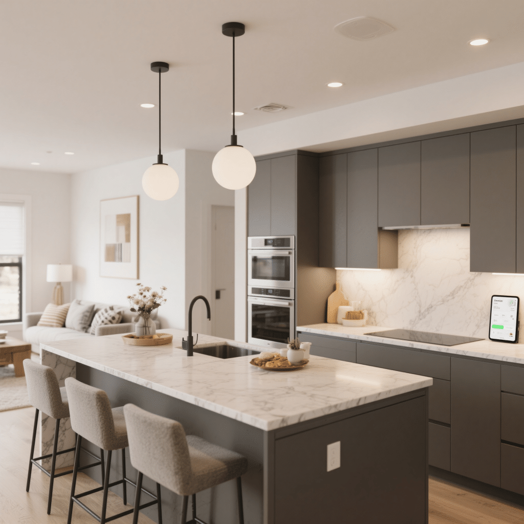 Modern kitchen with quartz countertops, premium cabinetry, and a smart home control panel on the wall.