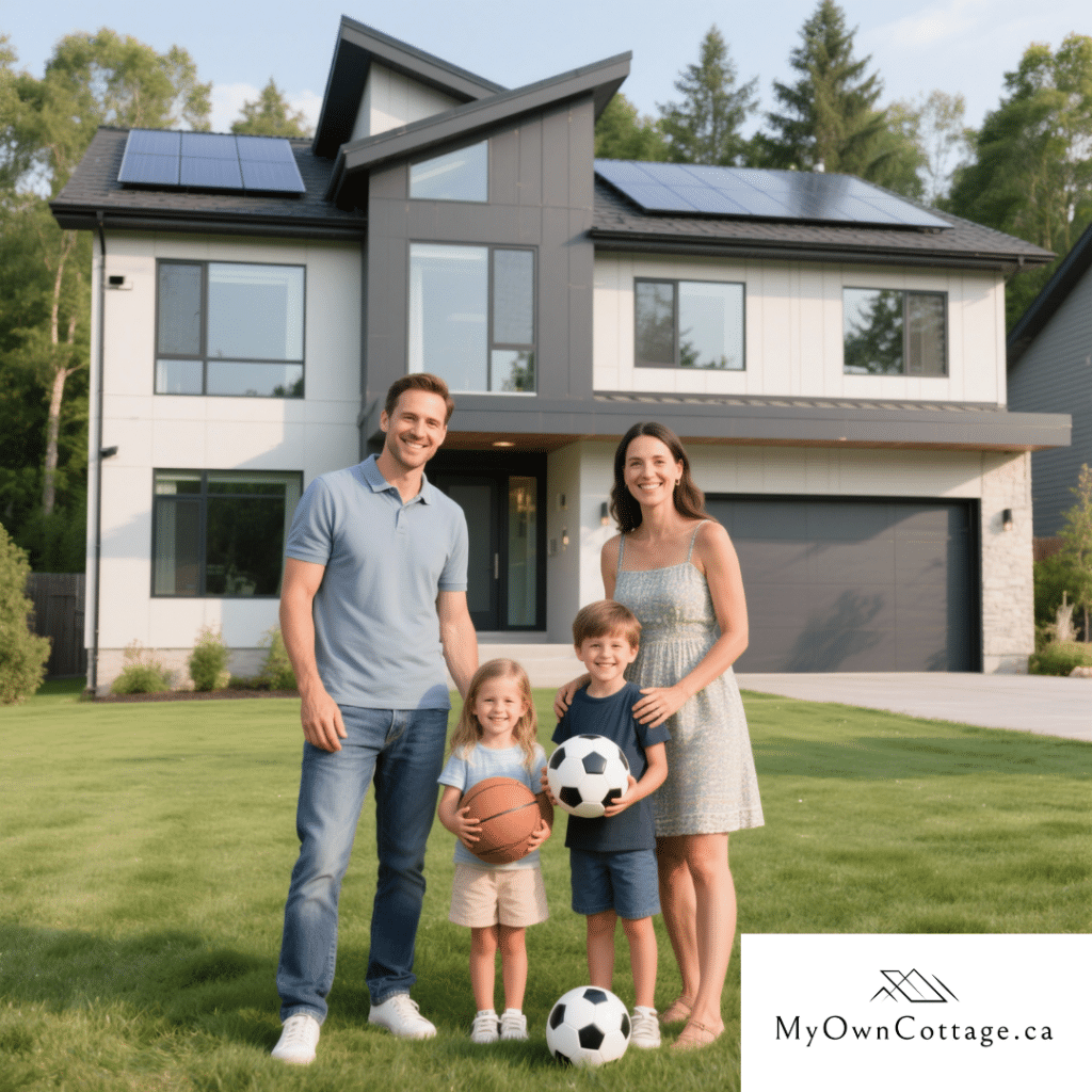Family of four smiling in front of a modern two-storey prefab home with solar panels in Grey Highlands, Ontario.