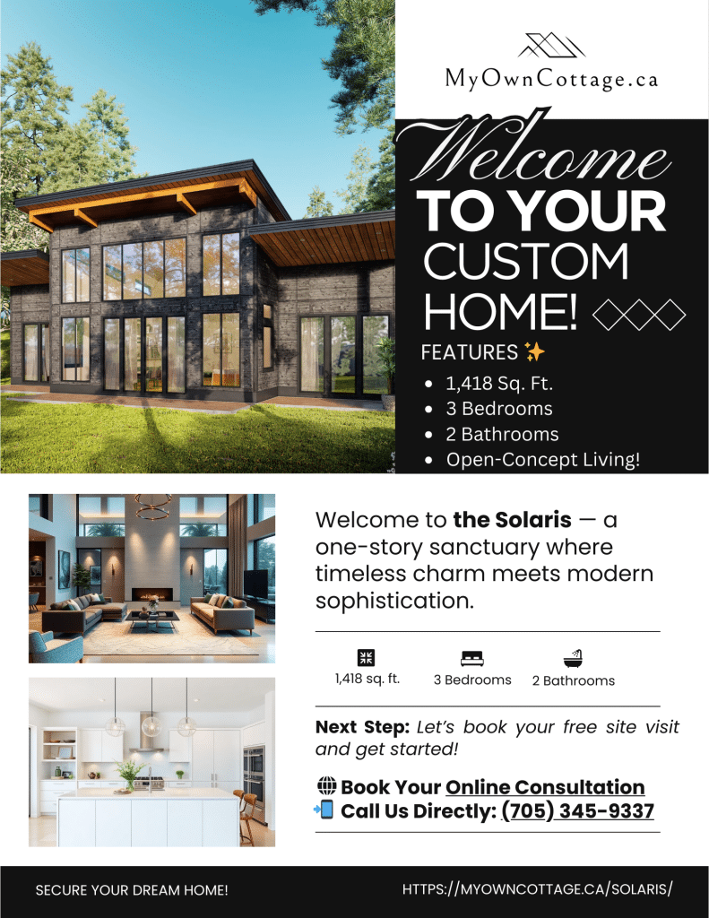 Solaris prefab home brochure cover showcasing elegant one-story design with modern open-concept layout by My Own Cottage