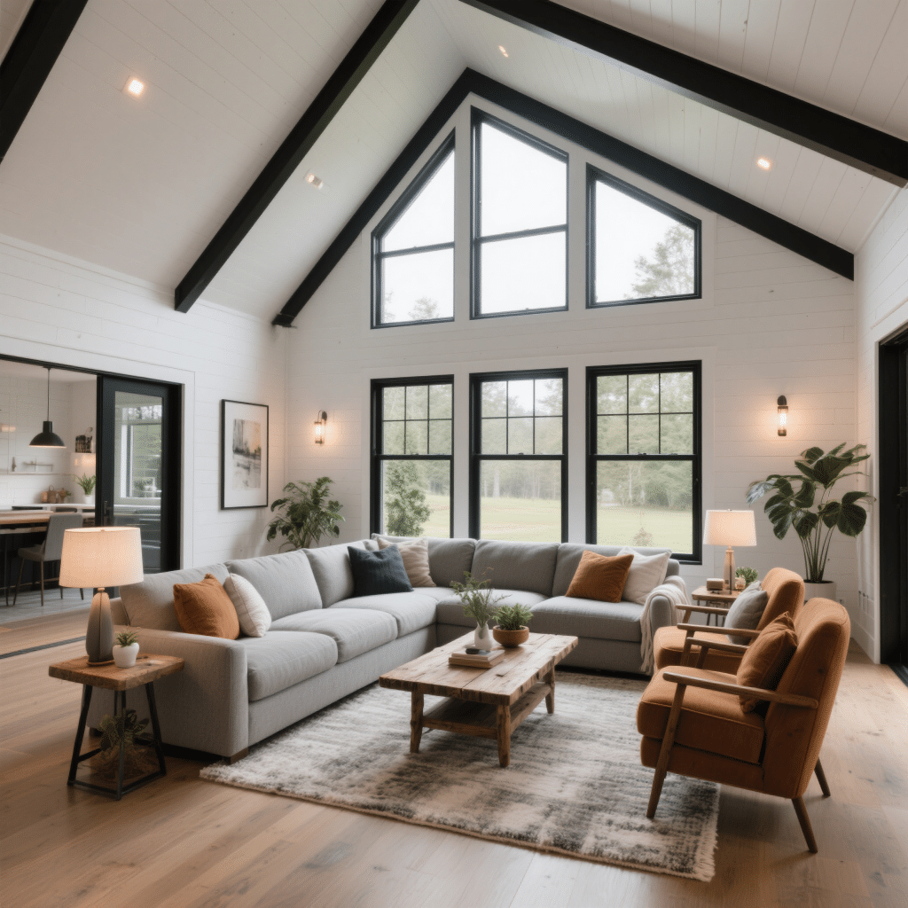 Custom Solaris prefab home interior with low-slope ceiling, large rectangular windows, open-concept living room featuring gray sectional sofa, rustic wooden coffee table, and neutral modern décor by My Own Cottage