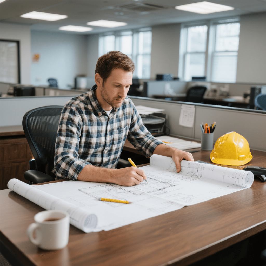 A prefab home builder in Thunder Bay reviews blueprints at a desk, planning permit requirements.