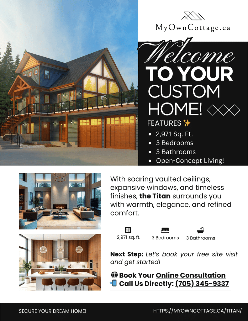 Titan prefab home brochure cover showcasing chalet-inspired modern design with vaulted ceilings and expansive windows by My Own Cottage
