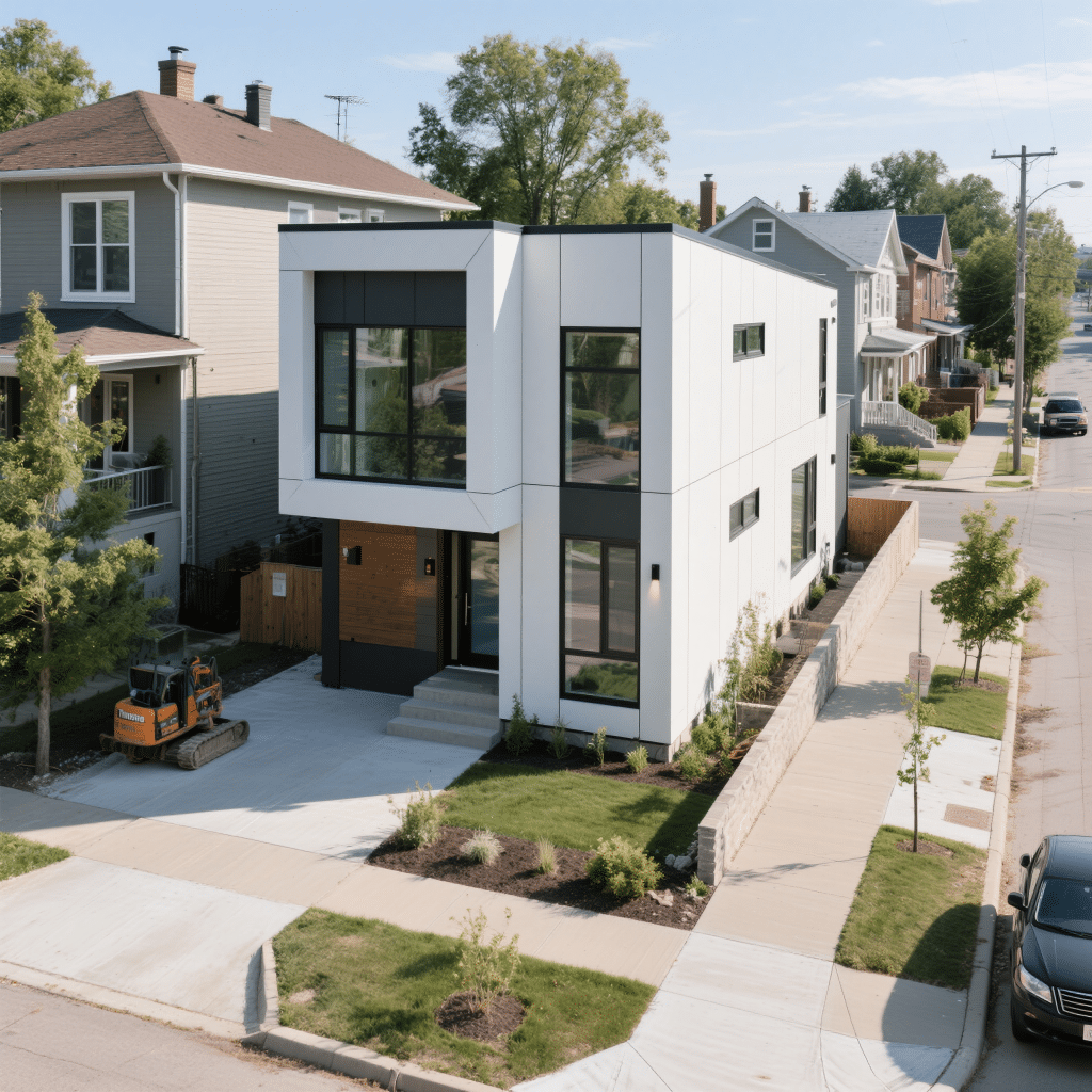 Modern narrow-lot prefab home in downtown Thunder Bay with energy-efficient windows and compact design