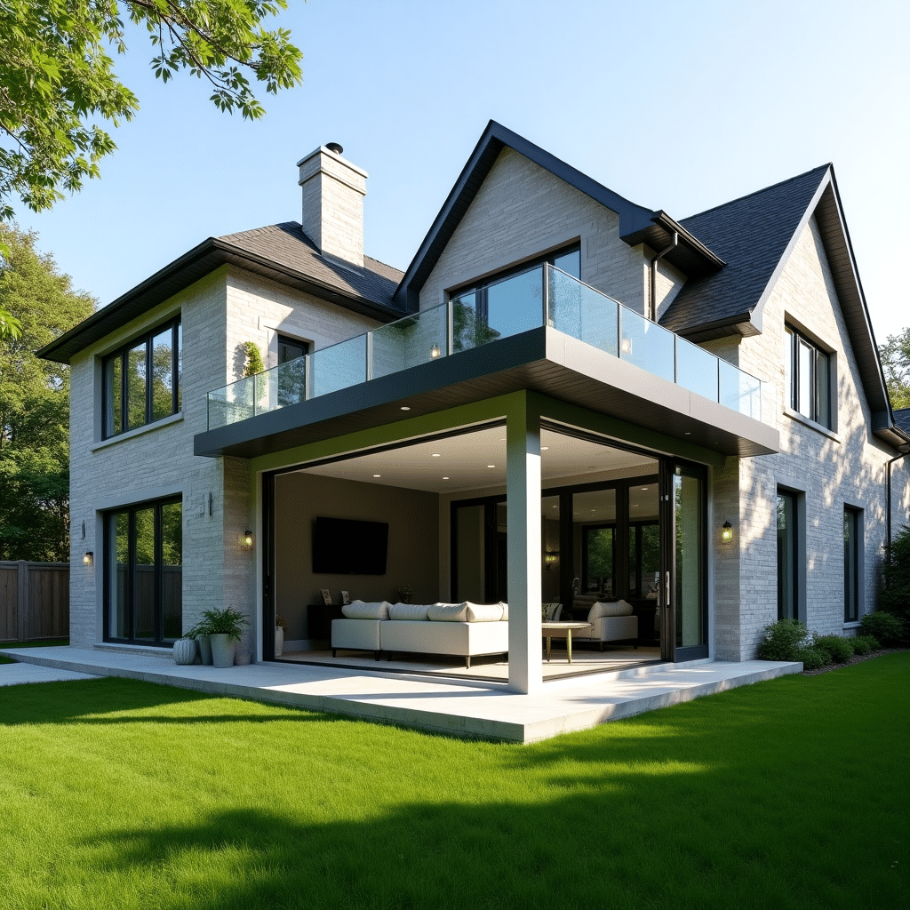 Modern prefab home extension in Vaughan with large windows and stylish siding, seamlessly connected to the original house, surrounded by a green lawn and trees.