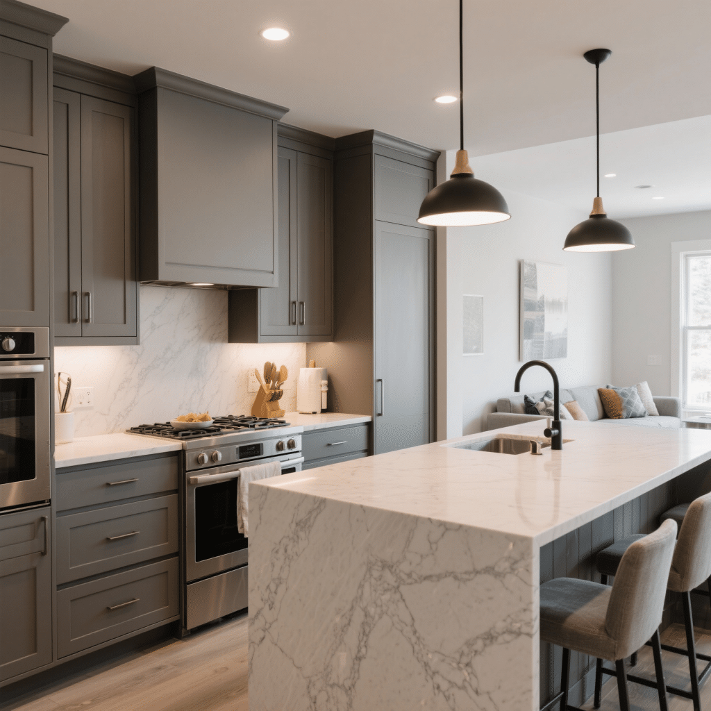 Interior of a modern prefab home in Vaughan featuring an open-concept kitchen and living room with natural light and minimalist design.