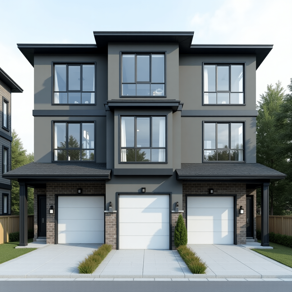 Modern Vaughan prefab triplex with three garages, large windows, and energy-efficient two-storey design