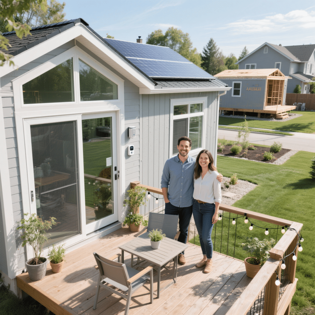 A smiling couple on the deck of a modern prefab home in Vaughan, Ontario, with solar panels, large windows, and a landscaped backyard.