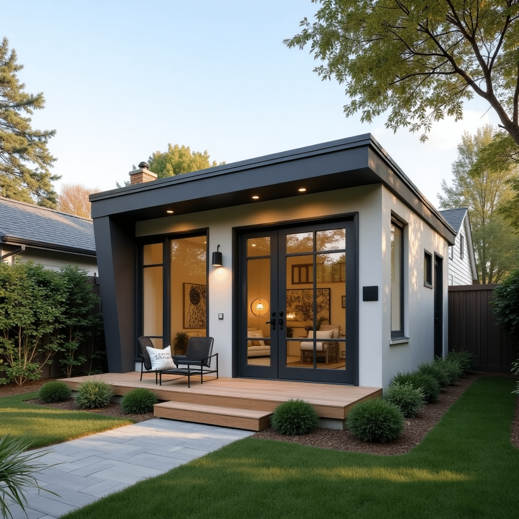 One-bedroom modern prefabricated ADU seamlessly integrated into a backyard, demonstrating cost-effective housing solution for rental income.