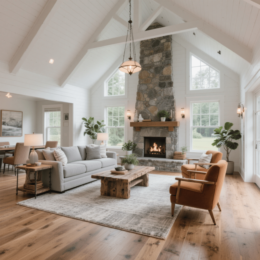 Luxury Victoria living room with vaulted ceilings, stone fireplace, large windows, and modern craftsman décor in warm neutral tones