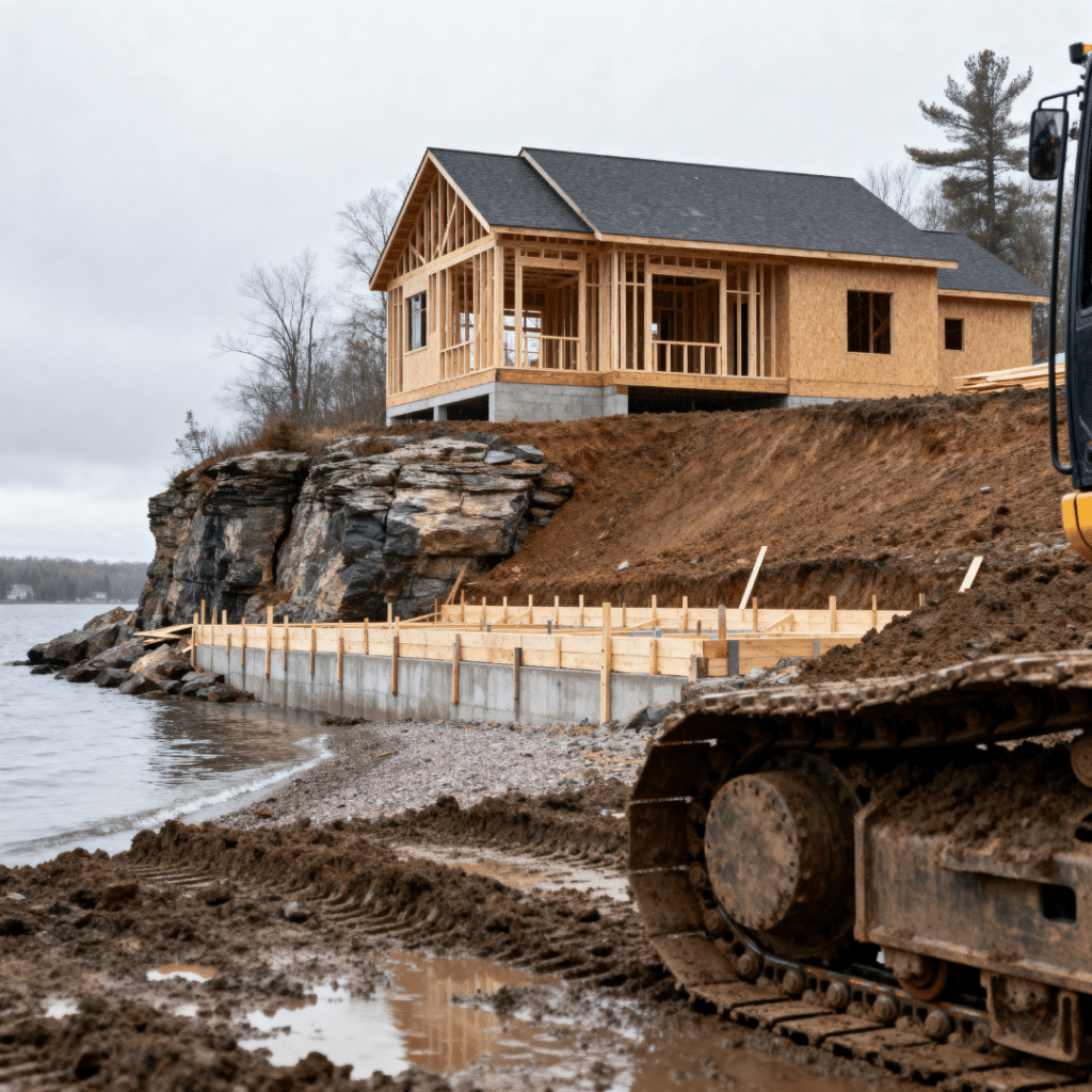 Waterfront cottage construction by cottage builders in Kingston Ontario showing shoreline foundation and site preparation