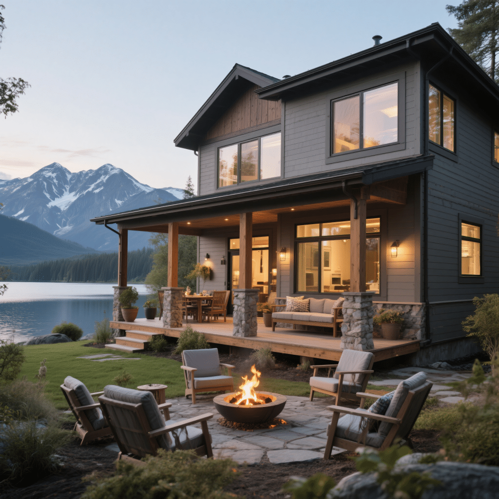 Rustic modern waterfront prefab cottage in Ontario with large windows, natural wood siding, and a minimalist design