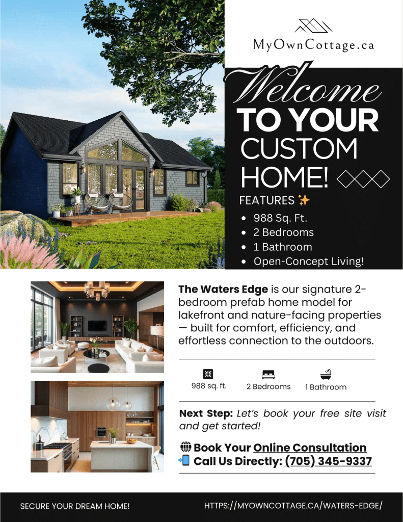 Water’s Edge prefab cottage brochure cover featuring a modern waterfront-inspired 3-bedroom home by My Own Cottage, designed for relaxation and scenic living in Ontario.