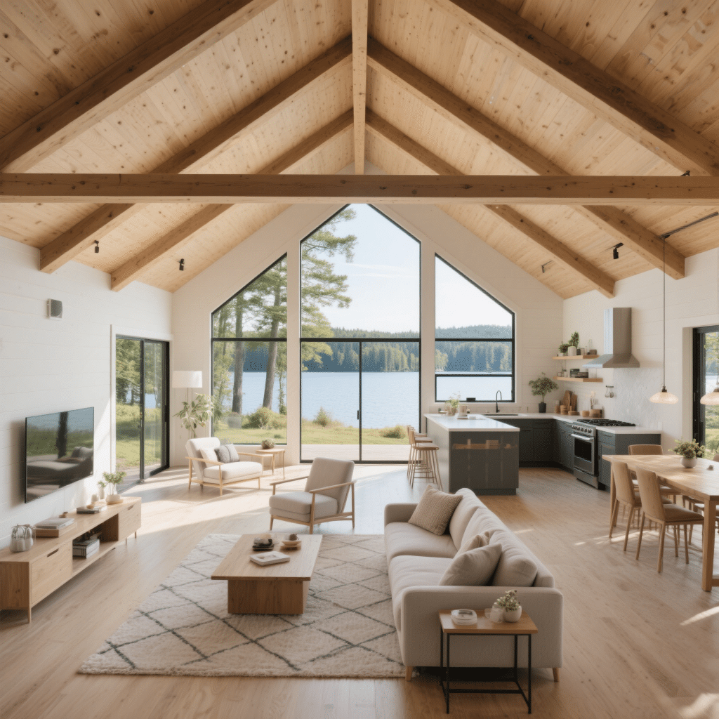 Waters Edge prefab cottage interior with vaulted cathedral ceilings, exposed beams, and floor-to-ceiling windows overlooking a lakeside view