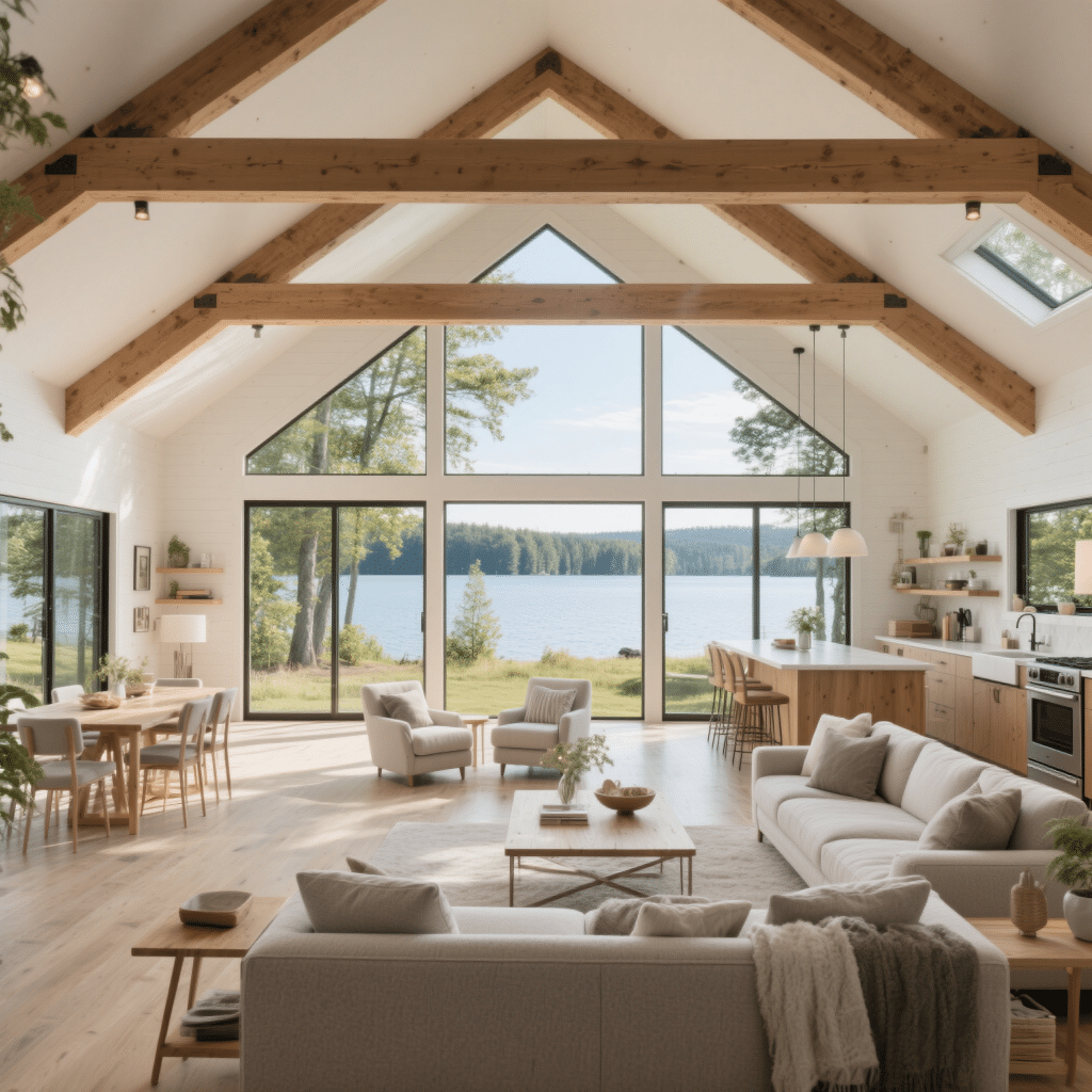 Bright living room of the Waters Edge prefab cottage featuring vaulted ceilings, exposed beams, large windows with lakeside views, and open-concept design.