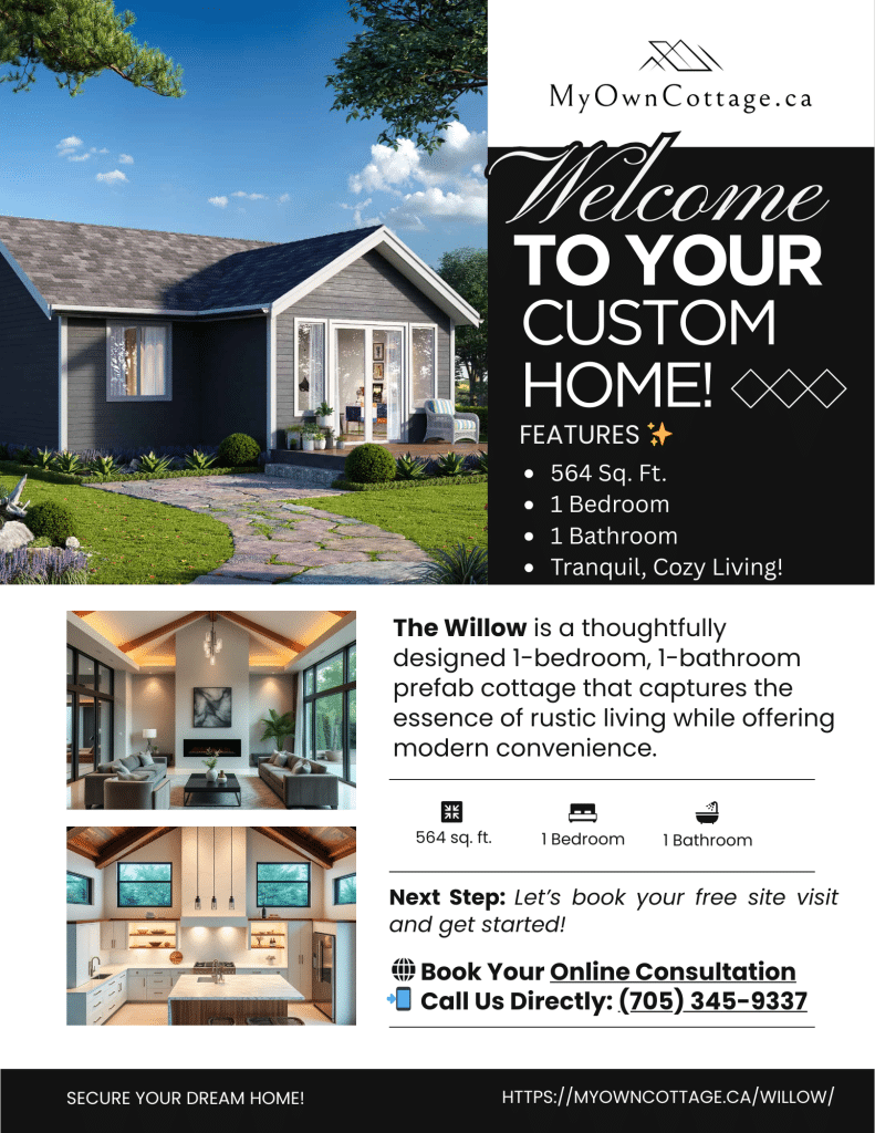 Brochure cover of the Willow prefab cottage home, a 1-bedroom, 1-bathroom retreat blending rustic charm with modern comfort for Ontario living.