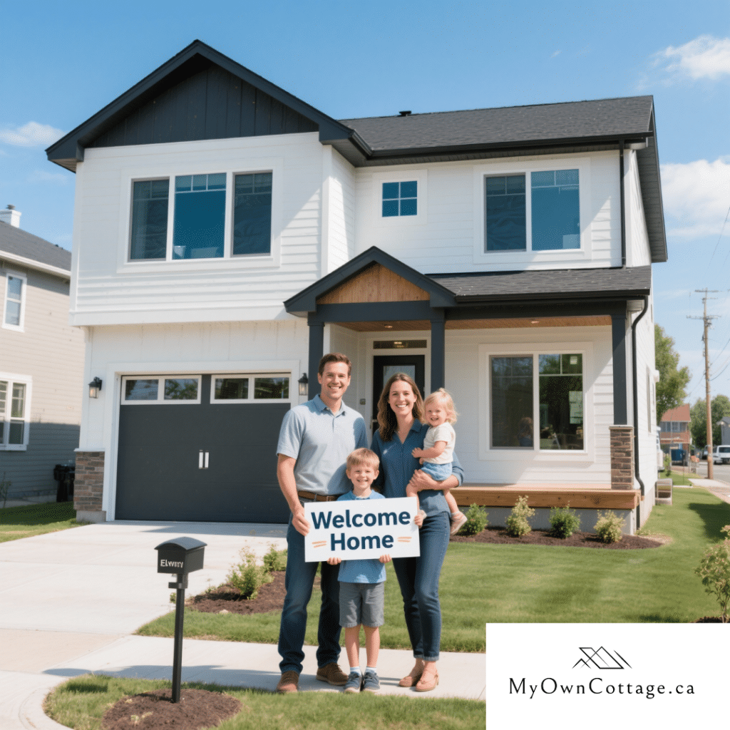 Wilson family in front of their new modern prefab home in Elmvale, Ontario – two-story modular house with energy-efficient windows and front porch.