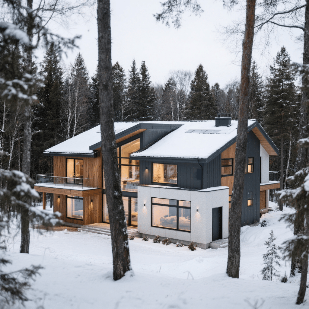 Modern prefab home in Thunder Bay during winter, featuring triple-pane windows and high R-value insulation.