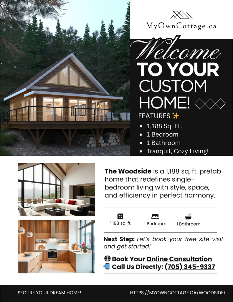 Woodside prefab cottage home brochure cover showing 1-bedroom, 1-bathroom 1,188 sq. ft. design in Ontario