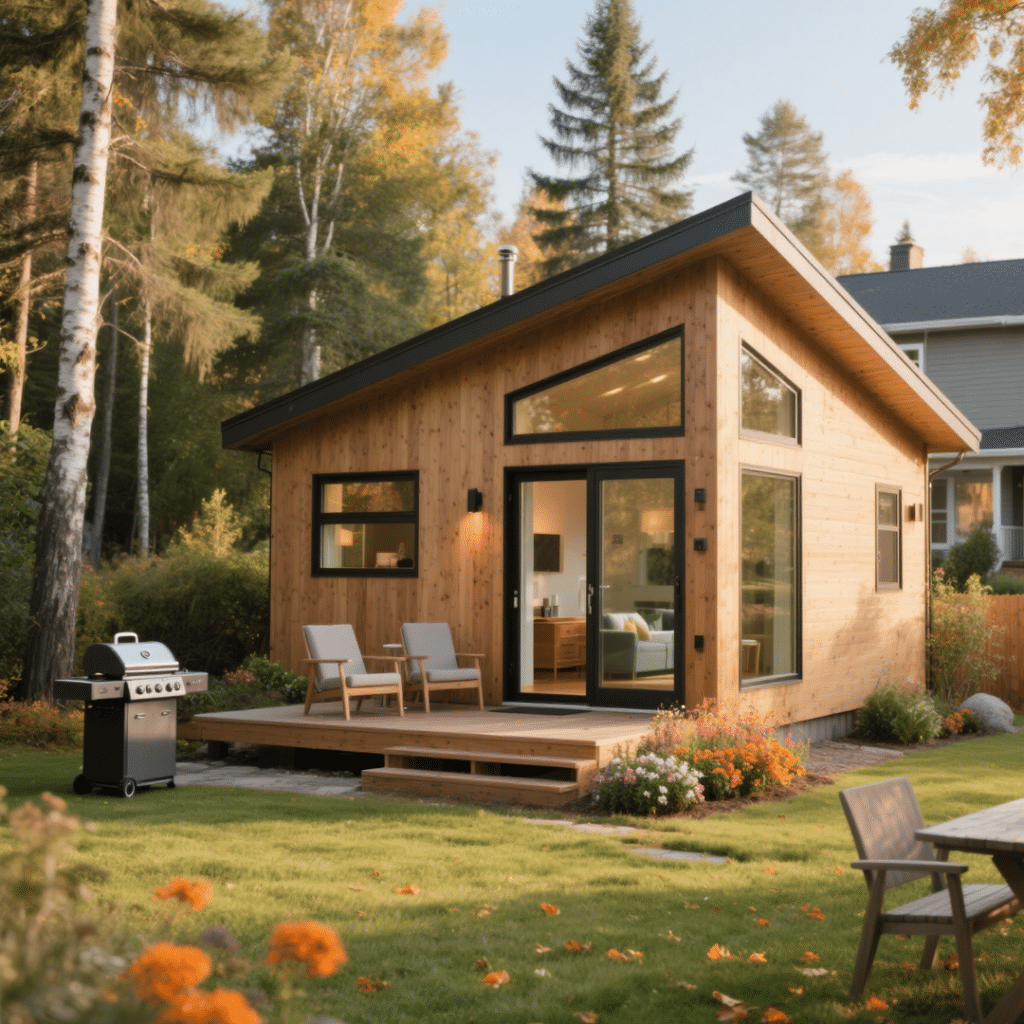 Small prefab garden suite with modern wood siding in a Northern Ontario backyard, featuring porch seating, outdoor dining, and autumn trees.
