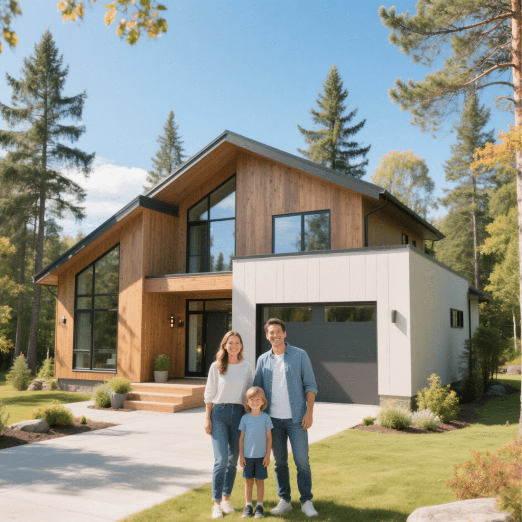 Family of four standing in front of a modern prefab home in Northern Ontario with wood siding, large windows, and pine trees in the background.