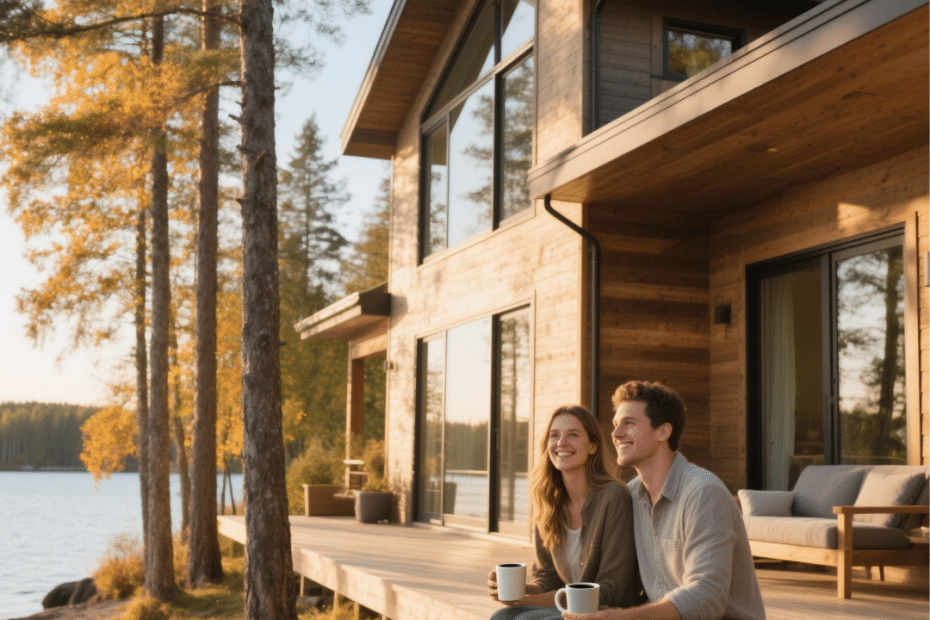 Modern prefab home in Northern Ontario with large windows and wood siding, nestled among pine trees by a lakeside, with a couple sitting on the porch.